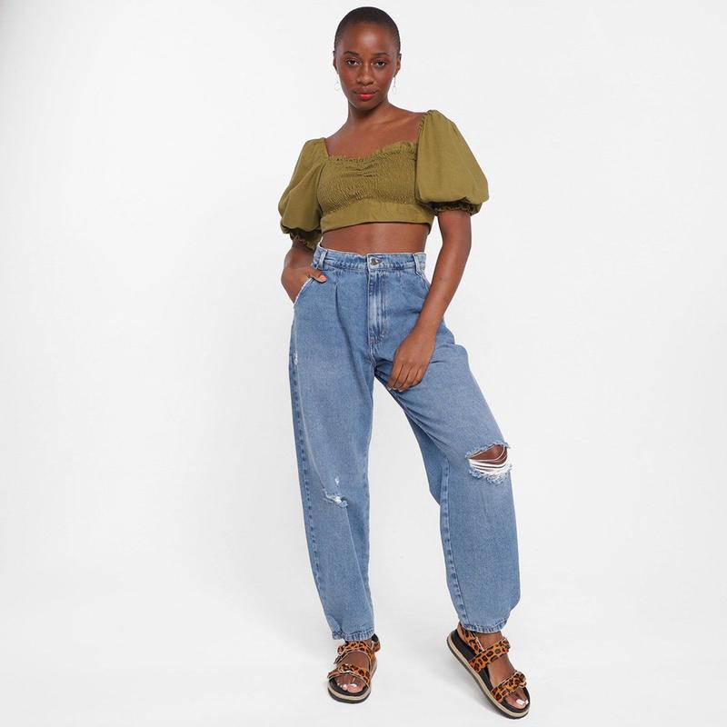 Top Farm Cropped Lastex Manga Bufante Feminino - Top Cropped